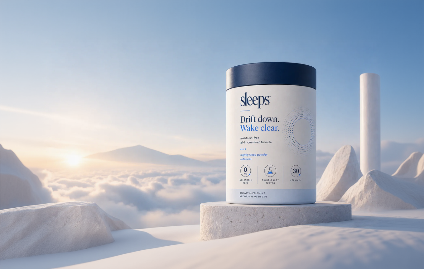 Container of 'sleeps' product with mountain and cloud background