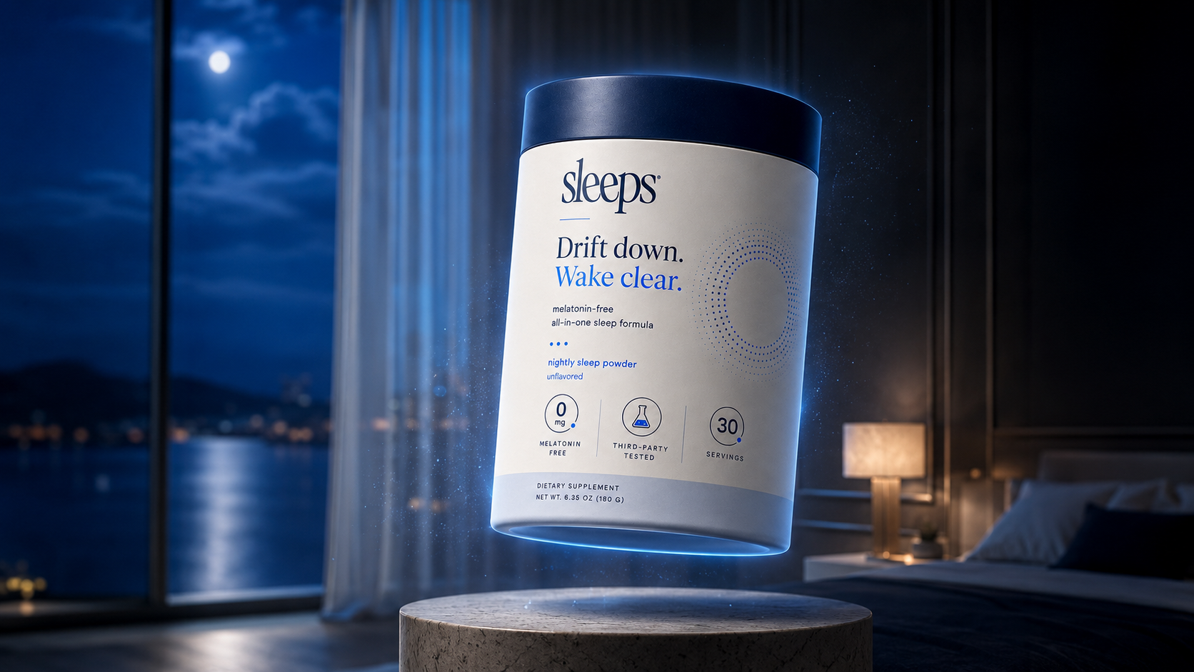 Sleep aid product on a stand with a nighttime bedroom background